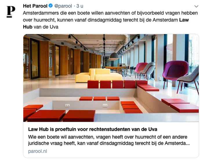 Tweet van Het Parool over de Amsterdam Law Hub